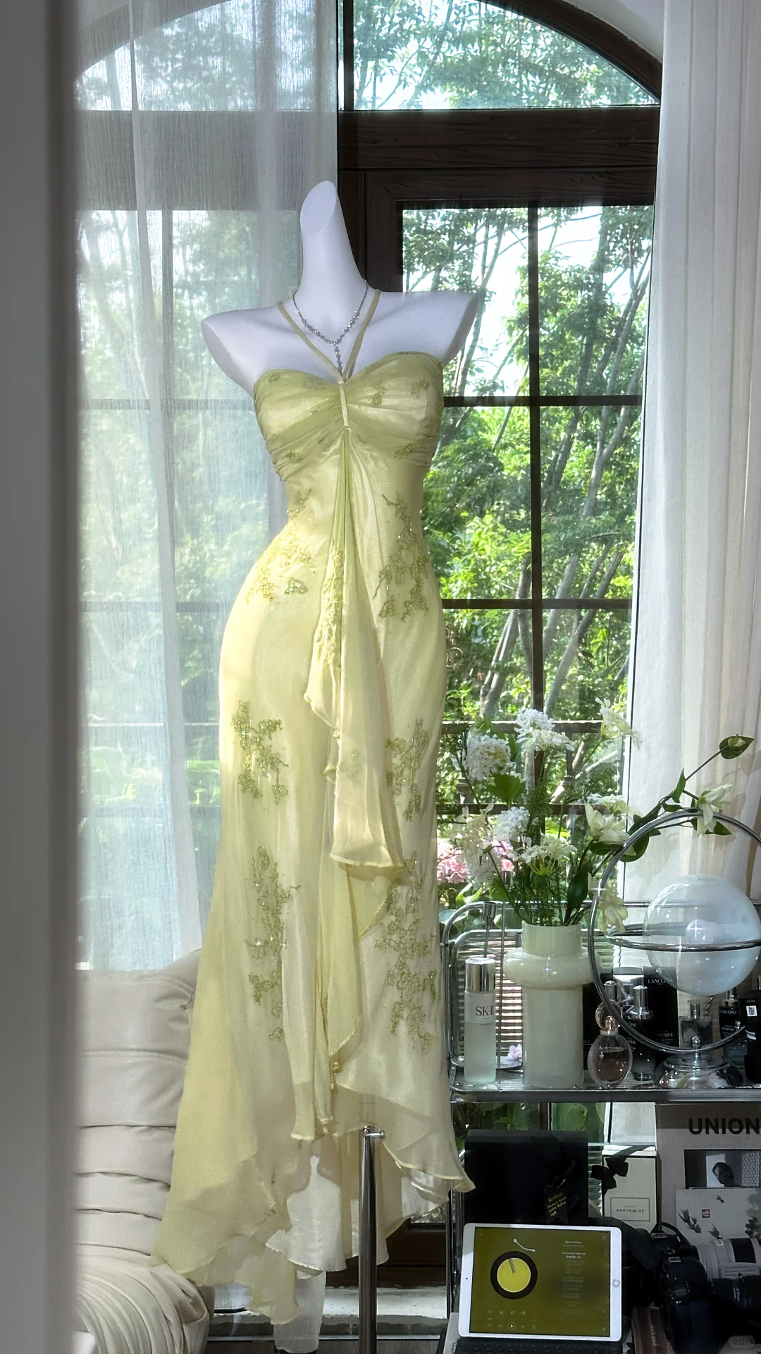 Shiny Light Green Sequined Spaghetti Strap Design Chiffon Prom Dress Evening Dress TP4244