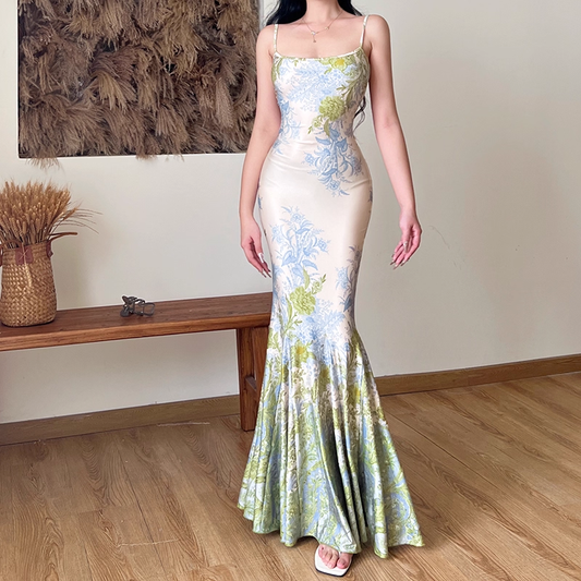 Elegant Floral Spaghetti Strap Mermaid Long Summer Dress Prom Dress Evening Dress TP4351