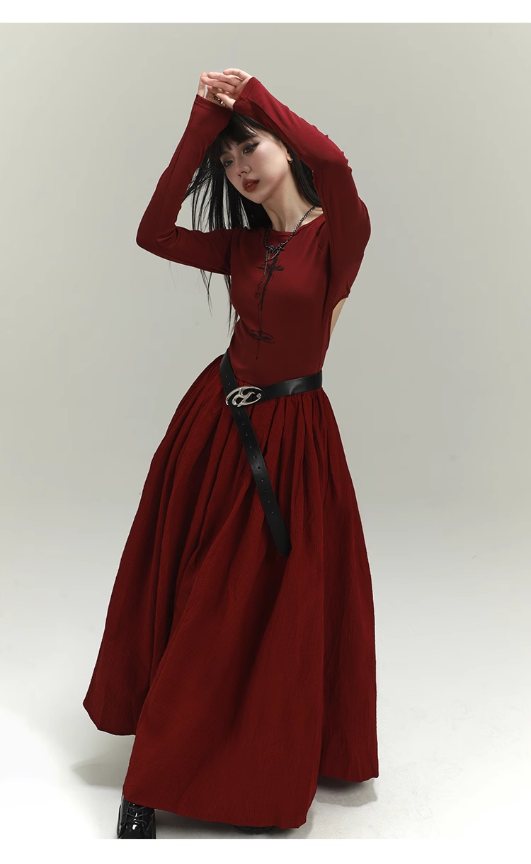 Vintage Elegant Simple Backless Red Long-sleeved Dress TP2917