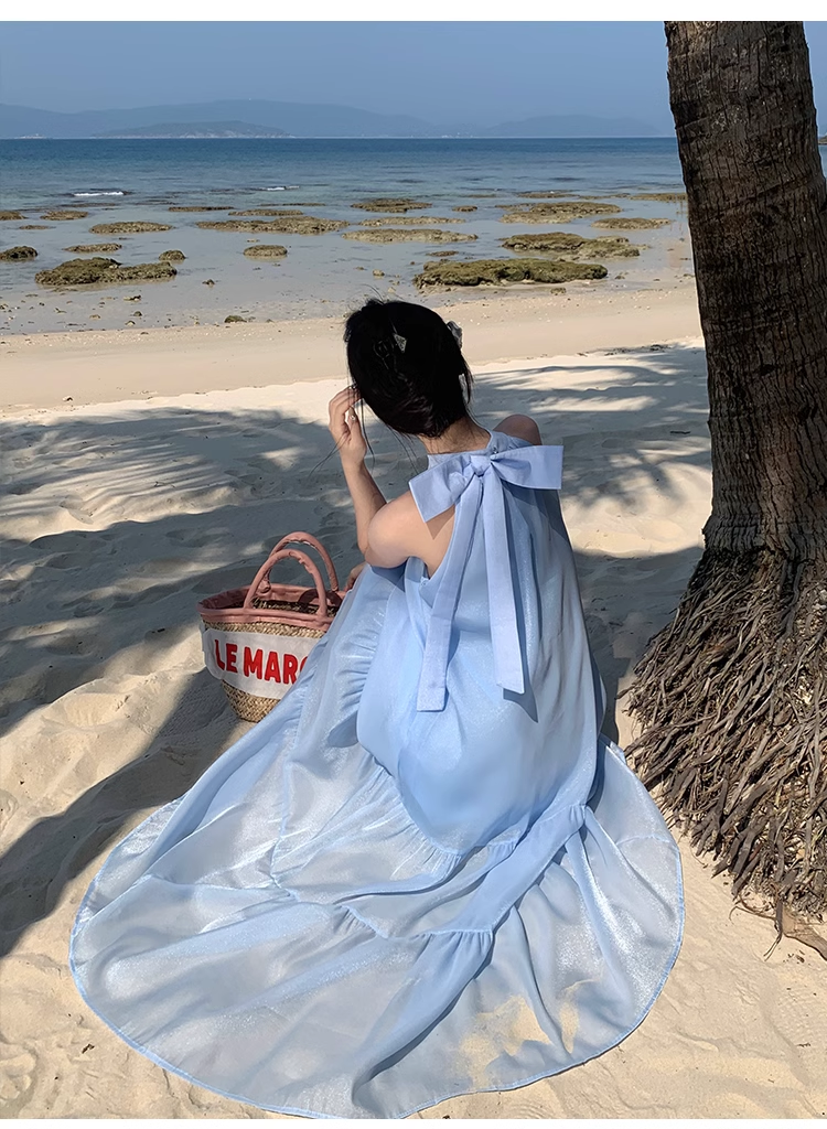 Simple Elegant Blue Design Beach Holiday Halter Dress TP3070