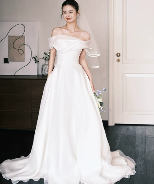 Elegant White Off‑the‑Shoulder Draped Satin A‑Line Flowing Train Wedding Dress TP6131
