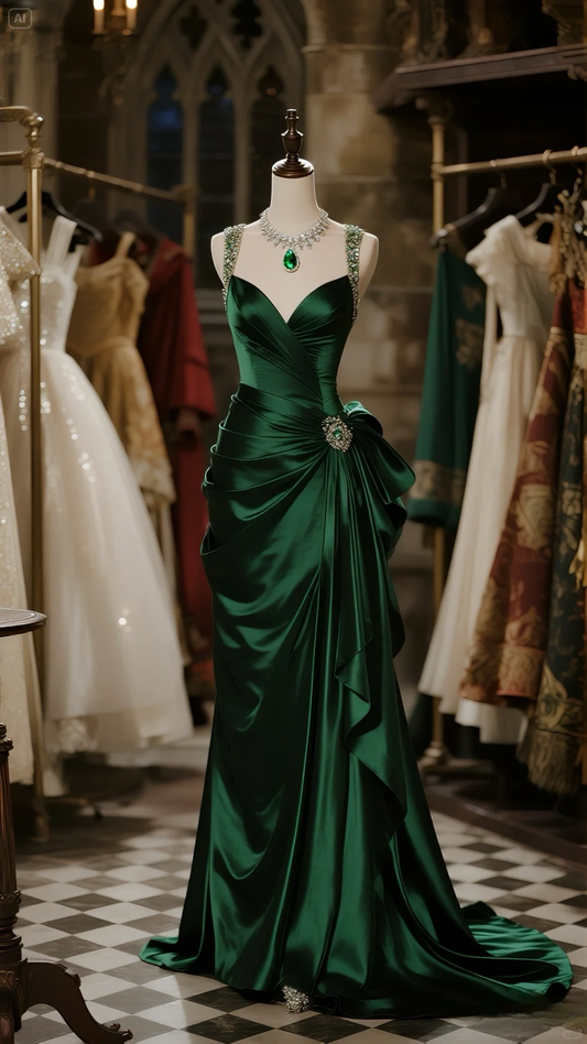 Vintage Dark Green Satin V-neck Beaded Embroidery Sweet 16 Quinceanera Sheath Evening Dress Long Ball Gown TP4986
