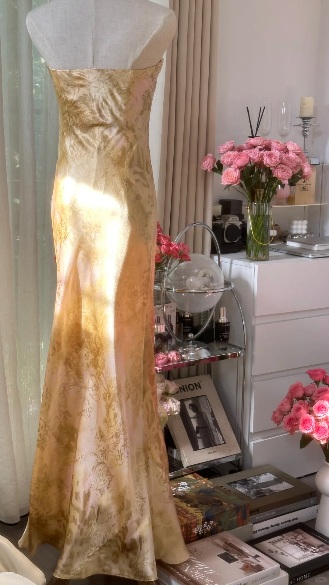 Retro Golden Strapless Floral Elegant Design A-line Beaded Romantic Chiffon Evening Dress Prom Dress TP4004