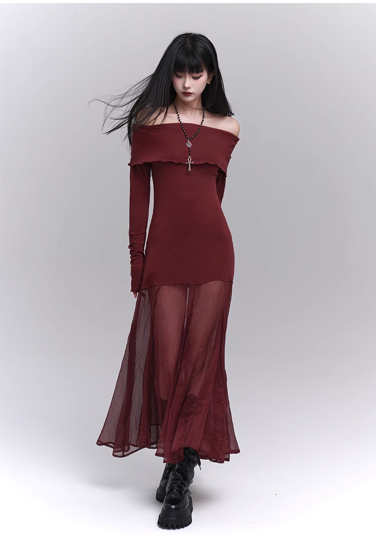 Elegant Design Sense Wine Red Velet Long-sleeved Dress TP2924
