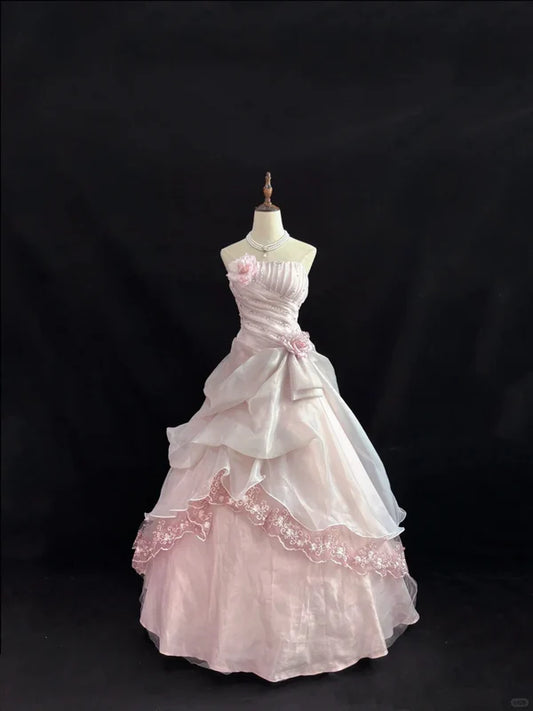 Elegant Light Pink Strapless Chiffon Sweet 16 Quinceanera A-Line Ruffles Evening Dress Ball Gown TP4273
