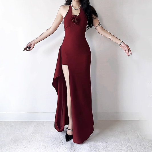 Retro Burgundy/Black Halter-neck 3D Flower Sheath High Slit Long Summer Dresses Prom Dress Evening Dress TP4360