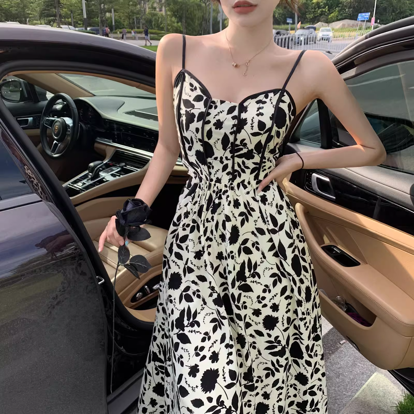 New Fashion Stylish Floral High-waisted Spaghetti Strap Dress TP2989