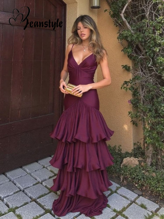 Vintage Burgundy Satin Evening Gown Sheath V-neck Party Dress Tiered Long Formal Dress TP4976