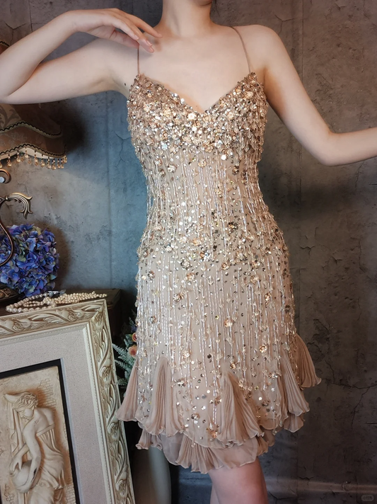 Vintage Champagne Spaghetti Strap V-neck Sparkling Beaded Design Elegant Chiffon Evening Dress Prom Dress TP4032