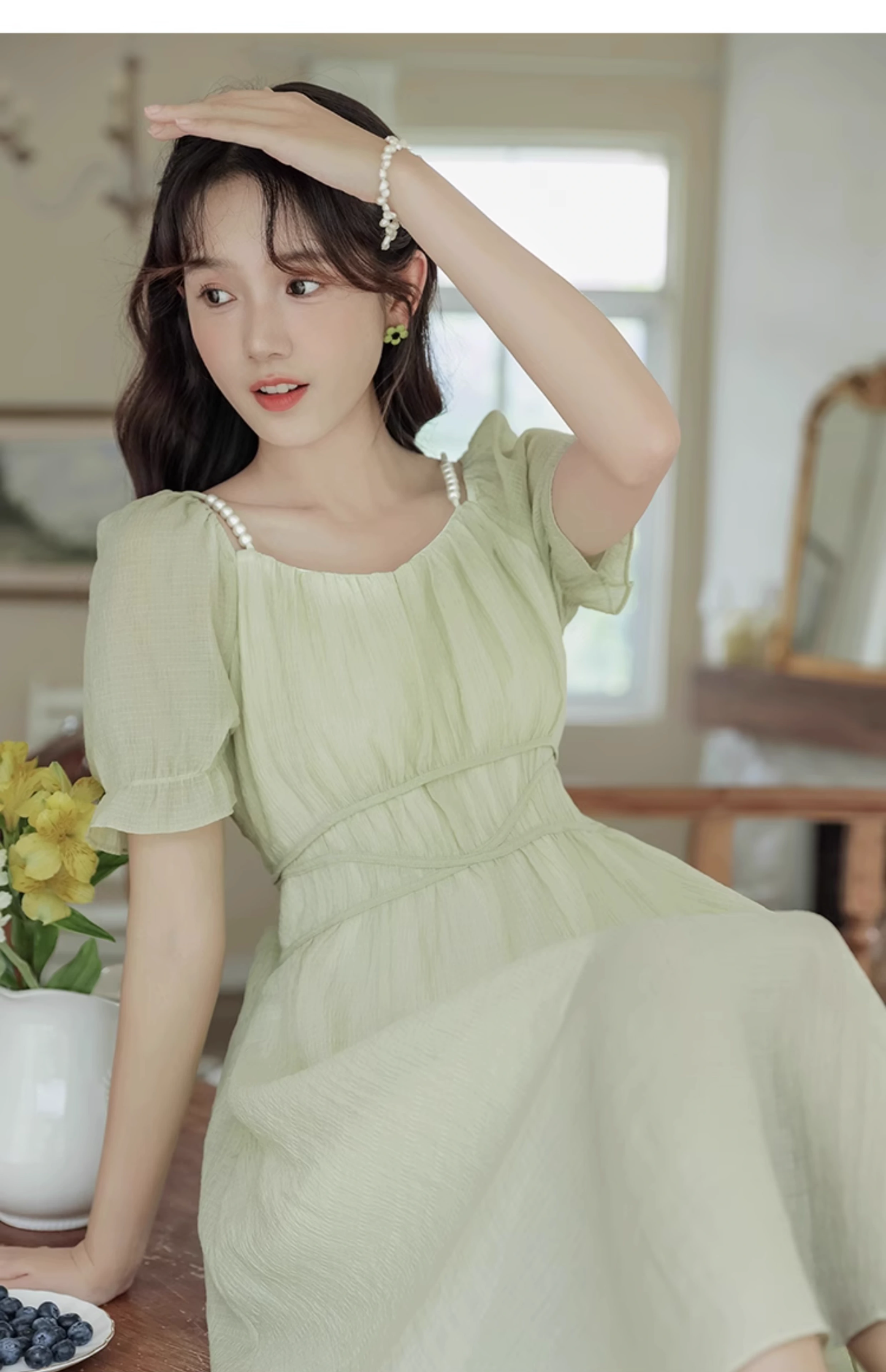 New Simple Fashion Green Short Sleeve Design A-Line Long Dress TP3044