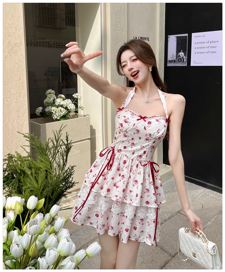 New Fashion Red Floral Print Bow Design A-line Halter Dress TP3342