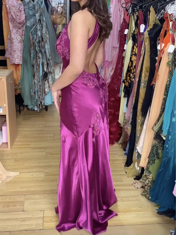 Vintage Hot Pink Satin Embroidery Prom Dress Sheath Backless Evening Dress Long Formal Dress TP4686