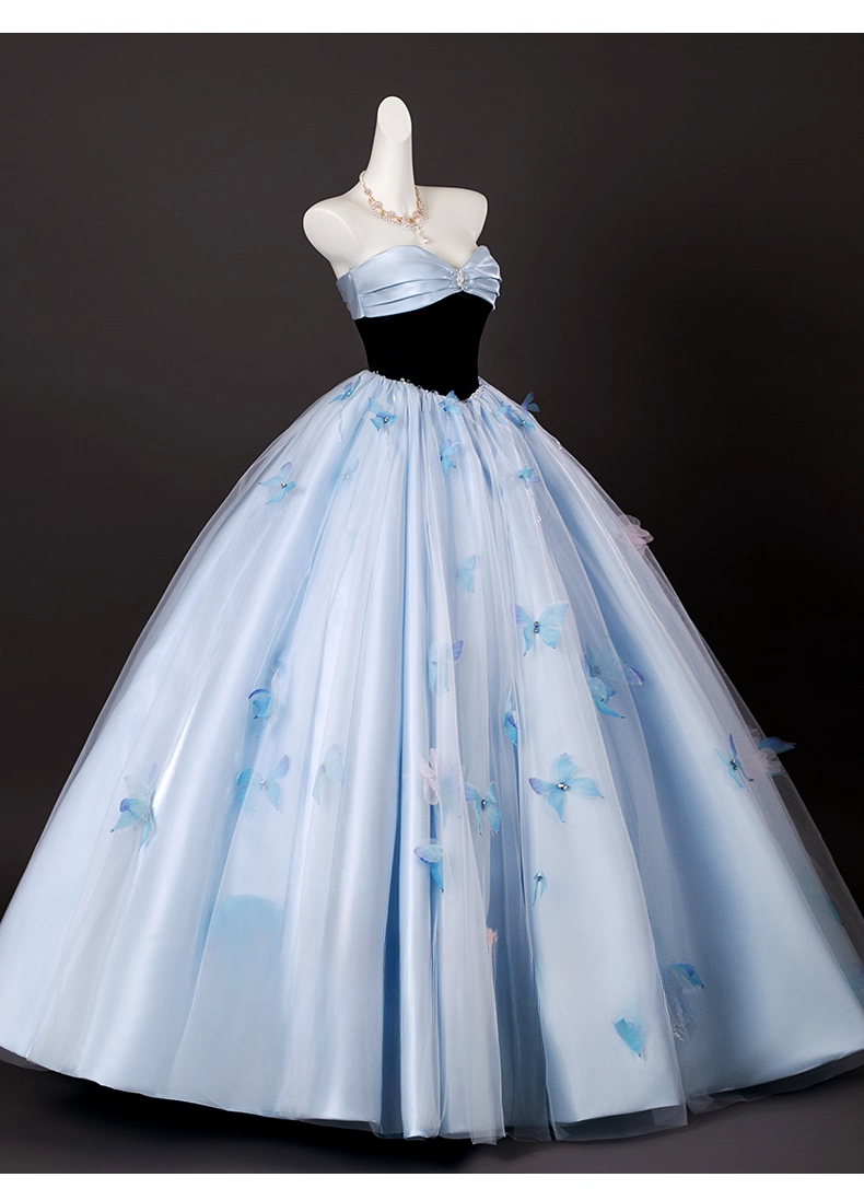 Chic Sky Blue Sweetheart Beaded Sweet 16 Quinceanera 3D Flowers A-Line Strapless Evening Dress Long Ball Gown TP4948