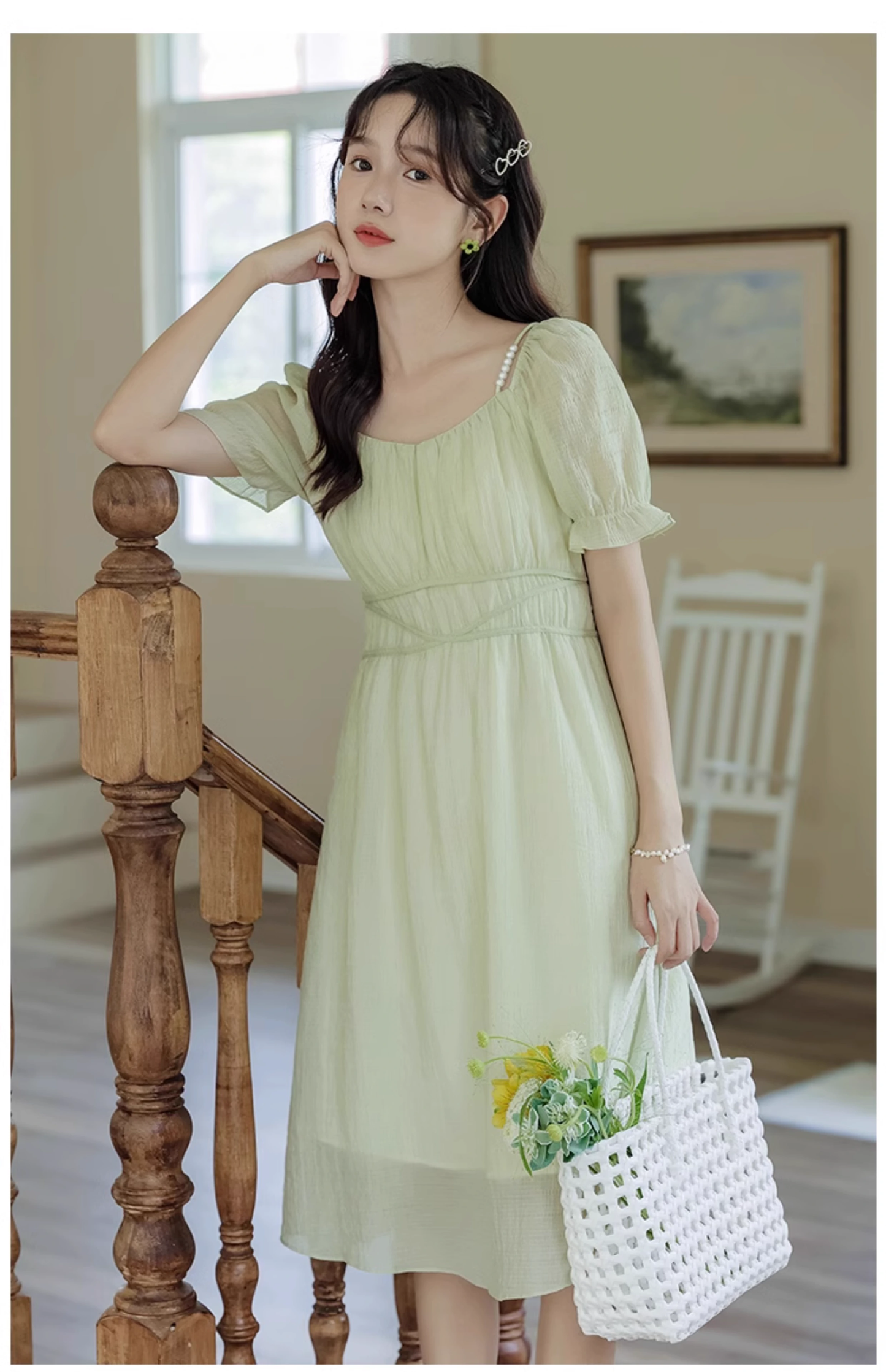 New Simple Fashion Green Short Sleeve Design A-Line Long Dress TP3044