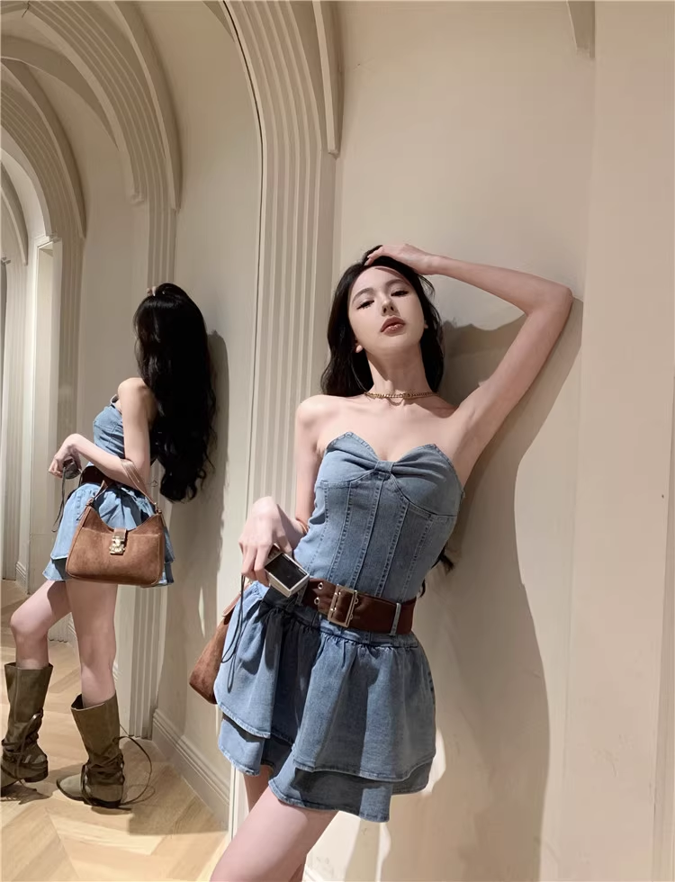 Cute Bow Design A-Line Strapless Denim Short Dress TP3161