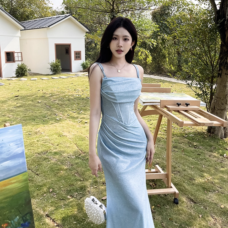 Vintage Shiny Light Blue Spaghetti Strap Mermaid Long Summer Dresses Prom Dress Evening Dress TP4359