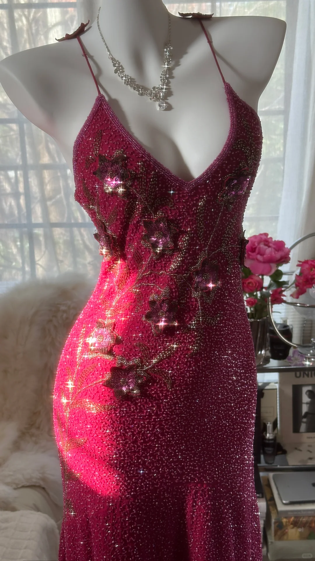Vintage Shiny Sequin Rose Red Backless Design A-line Romantic Chiffon Evening Dress Prom Dress TP4008