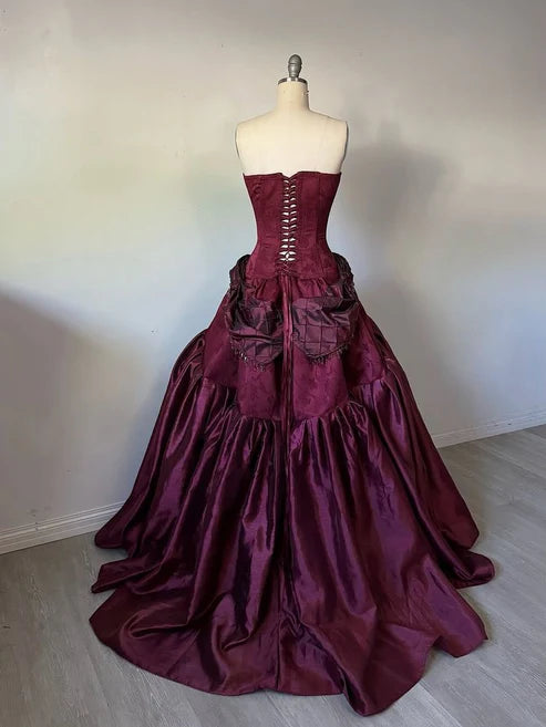 Vintage Burgundy Satin Sweet 16 Quinceanera Strapless Beaded Evening Dress Long Ball Gown TP4962