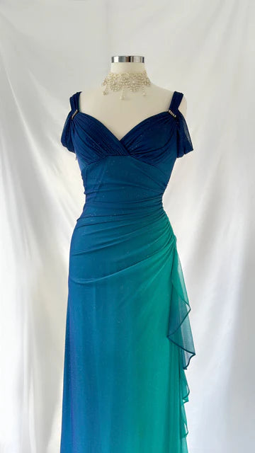 Vintage Shiny Gradient Blue-green Sheath Chiffon Unique Shoulder Strap Design Long Prom Dress Evening Dress TP2505
