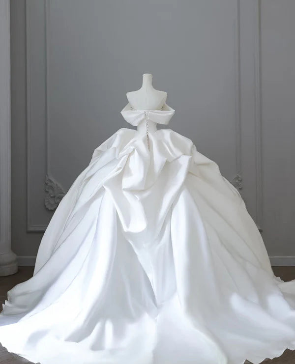 Elegant White Satin Off-the-shoulder Ruffle Ball Gown Design A-Line Wedding Dress TP4104