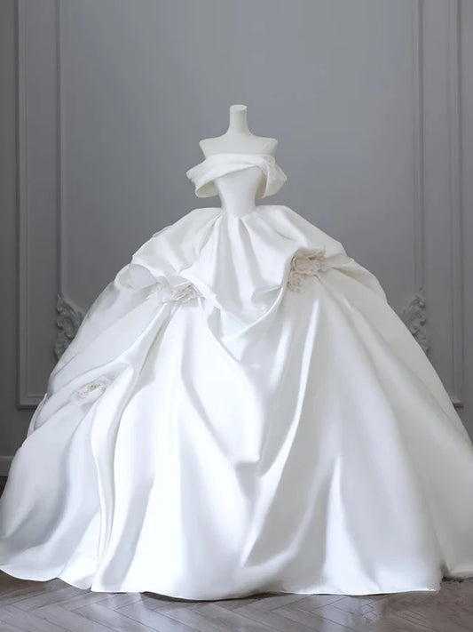 Elegant White Satin Off-the-shoulder Ruffle Ball Gown Design A-Line Wedding Dress TP4104