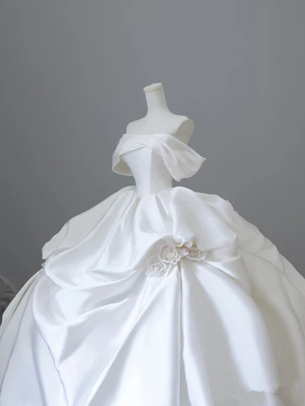 Elegant White Satin Off-the-shoulder Ruffle Ball Gown Design A-Line Wedding Dress TP4104