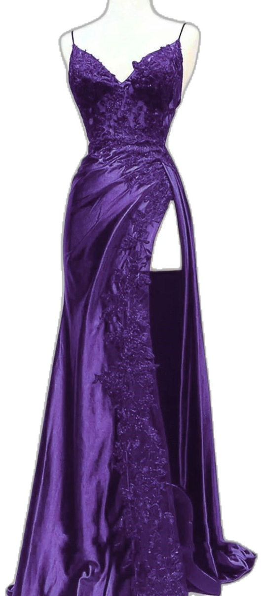 Vintage Purple Applique Satin Prom Dress Spaghetti Strap Evening Gown V-neck Slit Party Dress Long Formal Dress TP4891