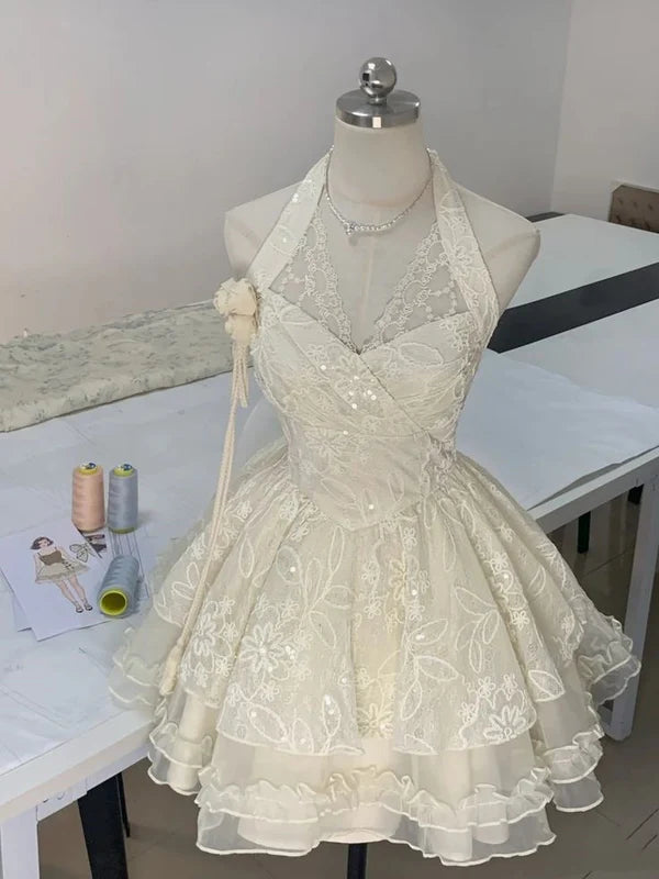 Vintage Ivory Lace A-Line Homecoming Dress Sequin Party Dress Short Halter-neck Cocktail Dress TP4630