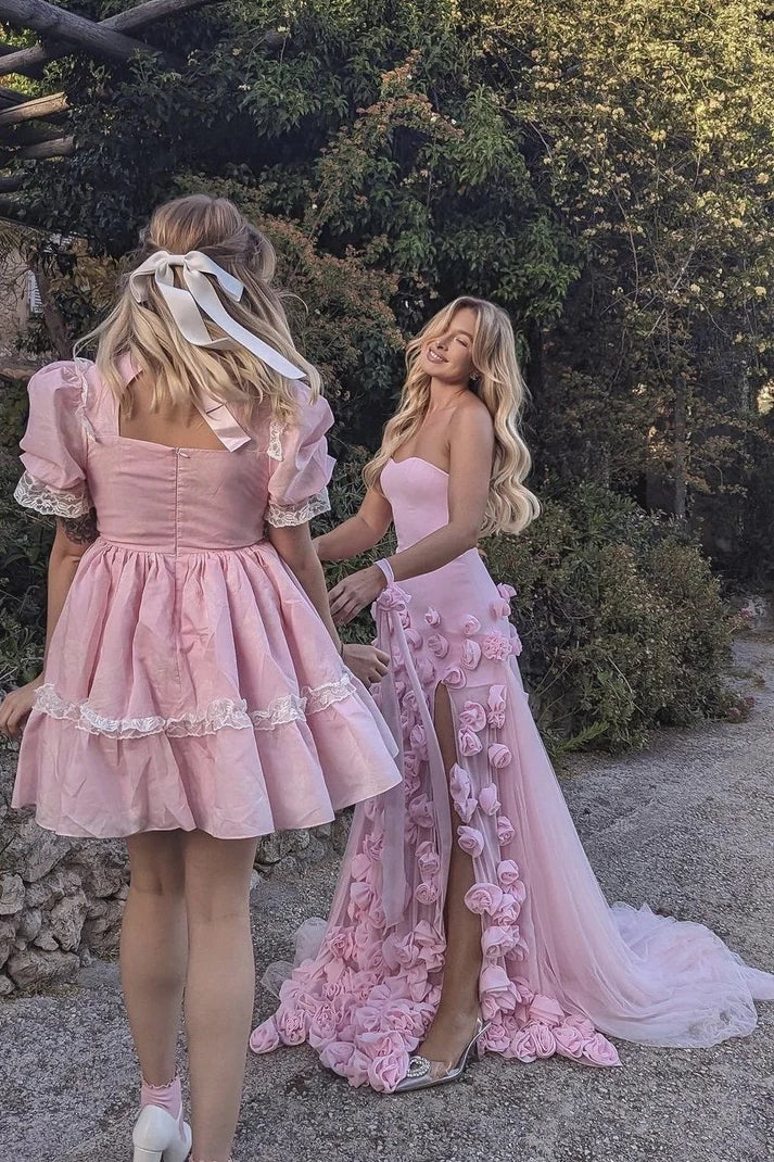 Elegant Pink Strapless 3D Flowers Evening Dress Tulle Mermaid Slit Long Prom Dress TP4997