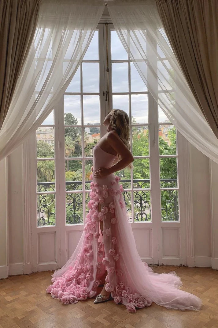 Elegant Pink Strapless 3D Flowers Evening Dress Tulle Mermaid Slit Long Prom Dress TP4997