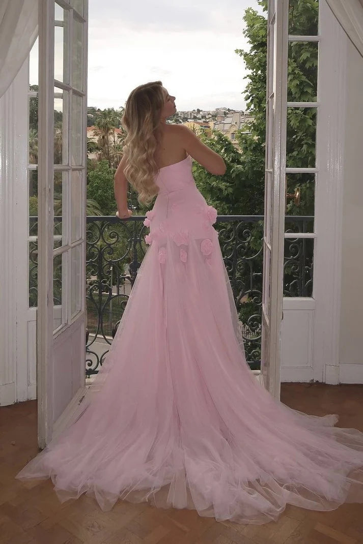 Elegant Pink Strapless 3D Flowers Evening Dress Tulle Mermaid Slit Long Prom Dress TP4997