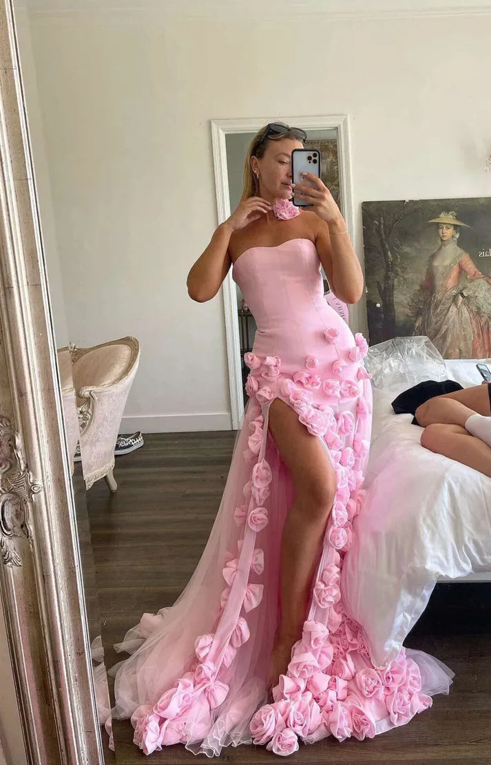 Elegant Pink Strapless 3D Flowers Evening Dress Tulle Mermaid Slit Long Prom Dress TP4997