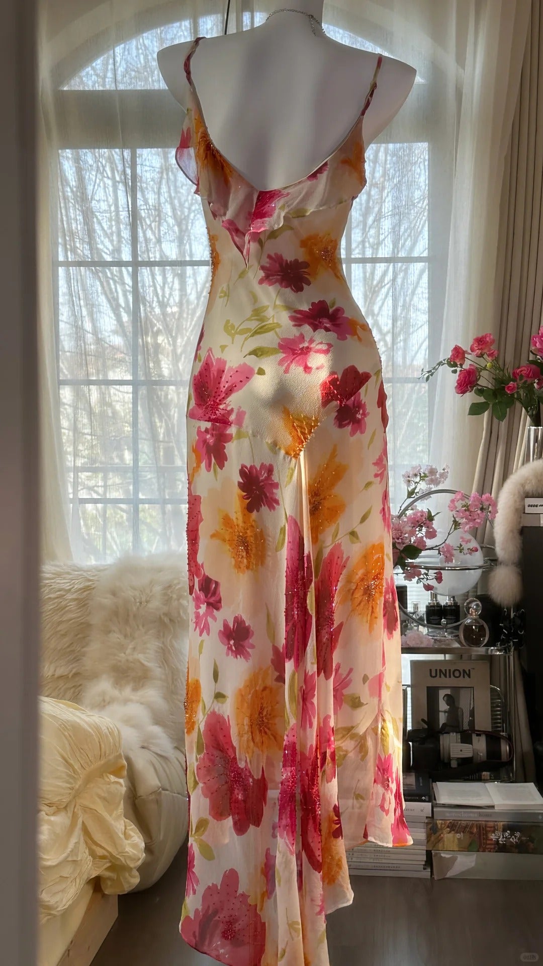Vintage Floral A-line V-neck Spaghetti Strap Evening Dress Prom Dresses TP3931