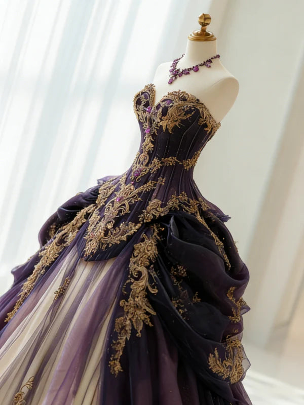 Glamorous Royal Purple Gold Applique Embroidery Sweet 16 Quinceanera Ball Gown TP5697