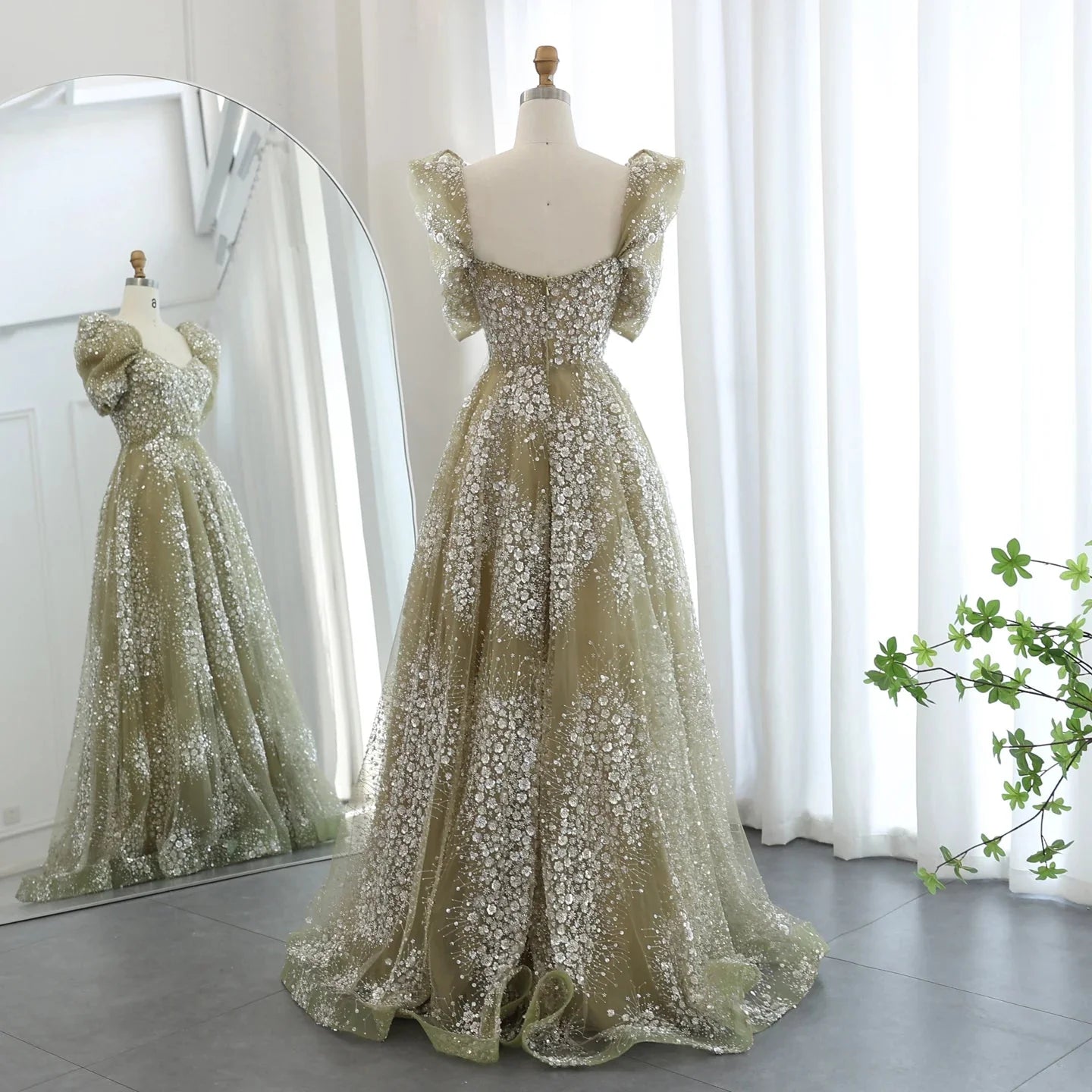 Gorgeous Sparkling Beaded Sequin Short-sleeve A-Line Long Prom Dress Evening Dress TP4557