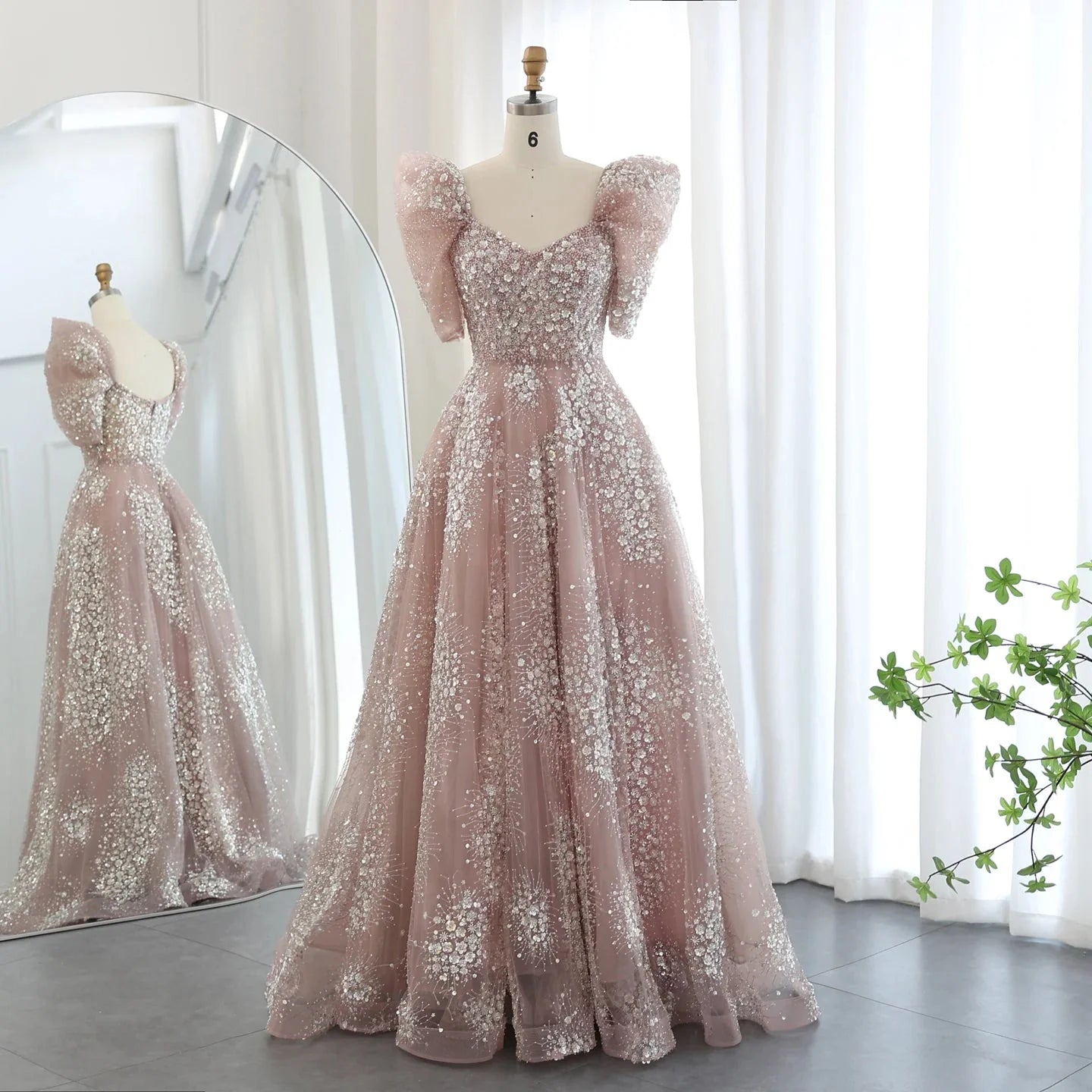 Gorgeous Sparkling Beaded Sequin Short-sleeve A-Line Long Prom Dress Evening Dress TP4557