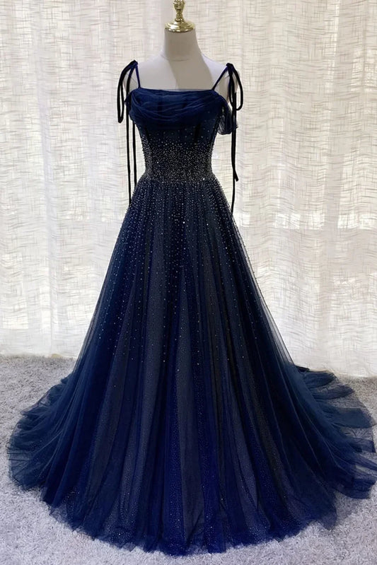 Vintage Navy Blue Shiny Sequin Spaghetti Strap Design A-Line Chiffon Tulle Evening Dress Prom Dress TP4126