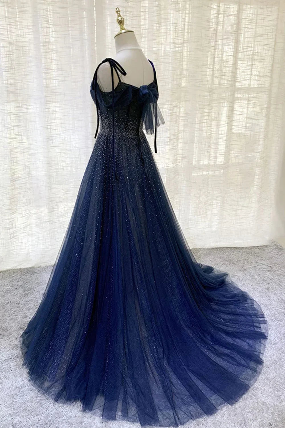 Vintage Navy Blue Shiny Sequin Spaghetti Strap Design A-Line Chiffon Tulle Evening Dress Prom Dress TP4126