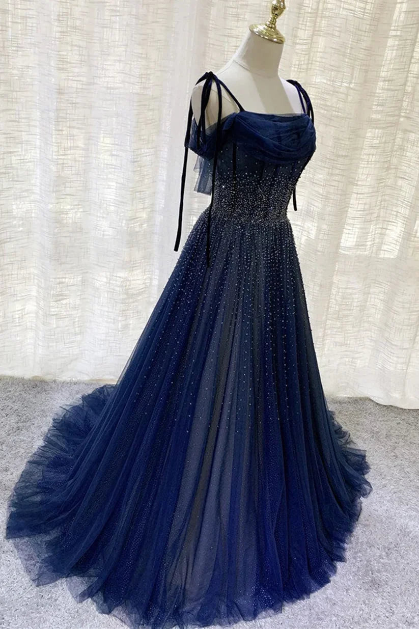 Vintage Navy Blue Shiny Sequin Spaghetti Strap Design A-Line Chiffon Tulle Evening Dress Prom Dress TP4126