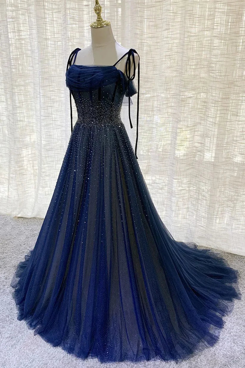Vintage Navy Blue Shiny Sequin Spaghetti Strap Design A-Line Chiffon Tulle Evening Dress Prom Dress TP4126