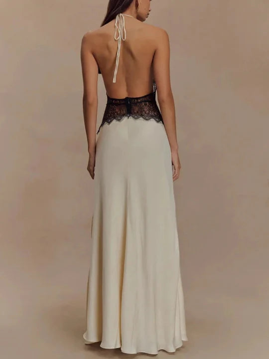 Charming Lace V-neck Prom Dress Sheath Halter-neck Evening Dress Long Formal Dress TP4716