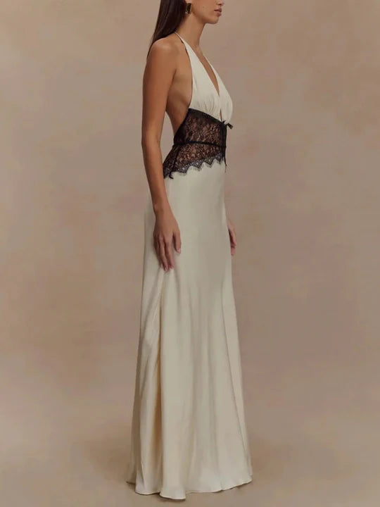 Charming Lace V-neck Prom Dress Sheath Halter-neck Evening Dress Long Formal Dress TP4716