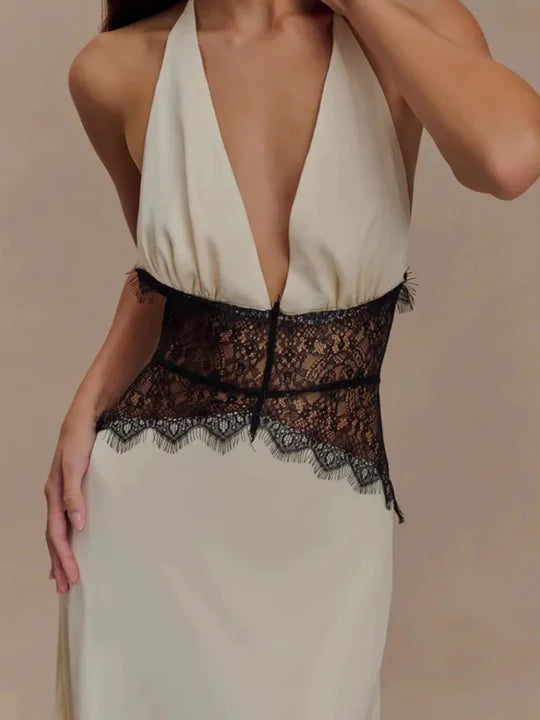 Charming Lace V-neck Prom Dress Sheath Halter-neck Evening Dress Long Formal Dress TP4716