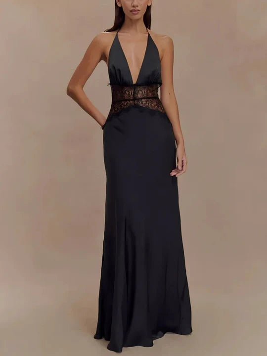 Charming Lace V-neck Prom Dress Sheath Halter-neck Evening Dress Long Formal Dress TP4716