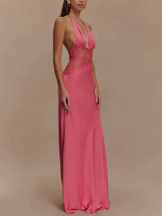 Charming Lace V-neck Prom Dress Sheath Halter-neck Evening Dress Long Formal Dress TP4716