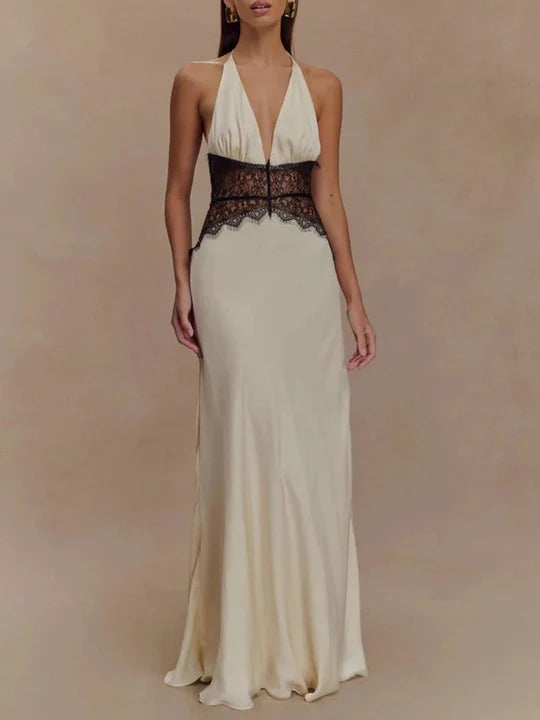 Charming Lace V-neck Prom Dress Sheath Halter-neck Evening Dress Long Formal Dress TP4716