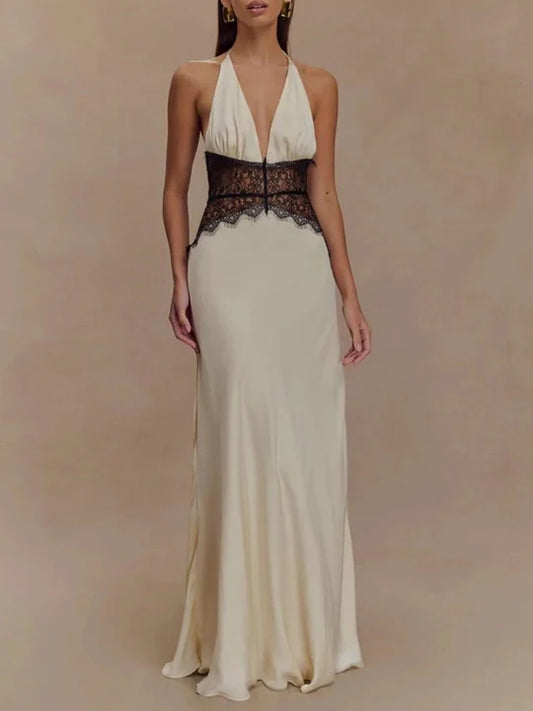 Charming Lace V-neck Prom Dress Sheath Halter-neck Evening Dress Long Formal Dress TP4716