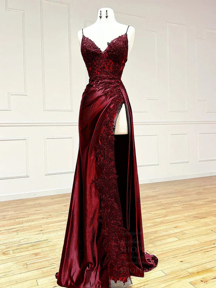 Vintage Applique V-neck Spaghetti Strap Satin Floor-length High Slit Prom Dress Evening Dress TP4323