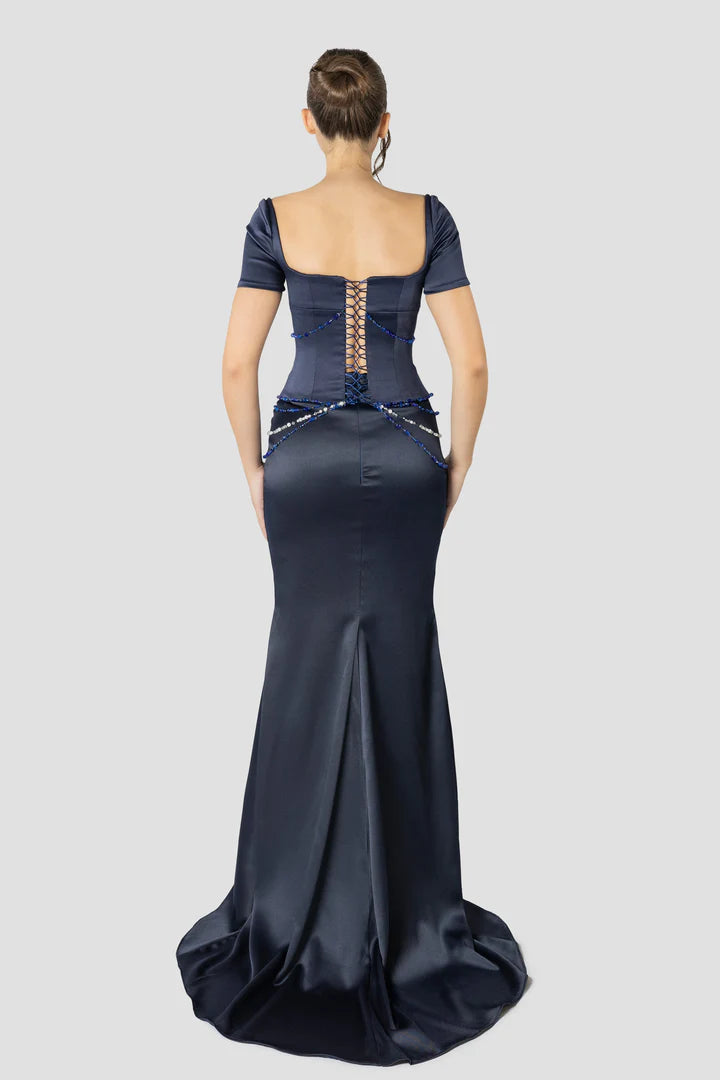 Vintage Dark Blue Mermaid Design Valentine Couture Satin Short-sleeved Prom Dress Evening Dress TP4225