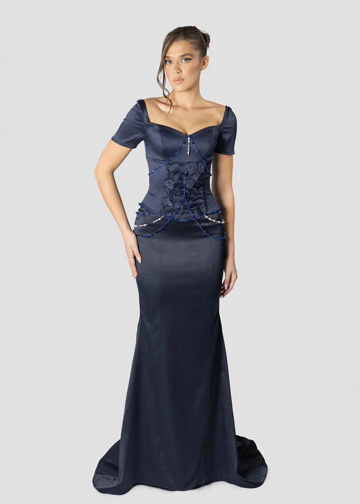 Vintage Dark Blue Mermaid Design Valentine Couture Satin Short-sleeved Prom Dress Evening Dress TP4225
